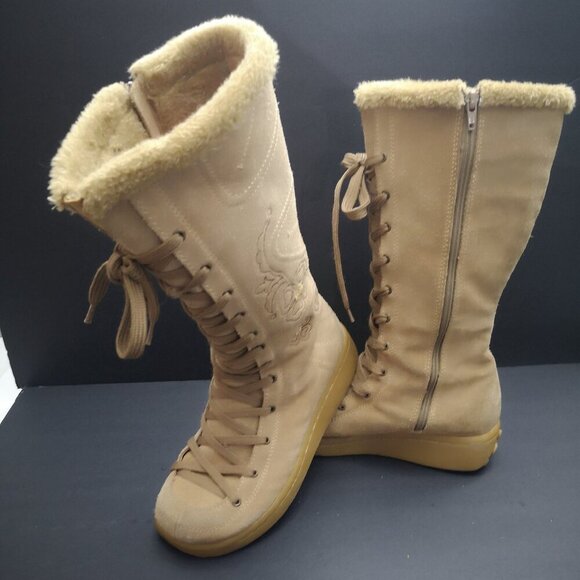 Tan Size 39(approx.8.5 US)side Zip Slight Wedge Faux Fur Suede Lined Boots - Picture 1 of 8